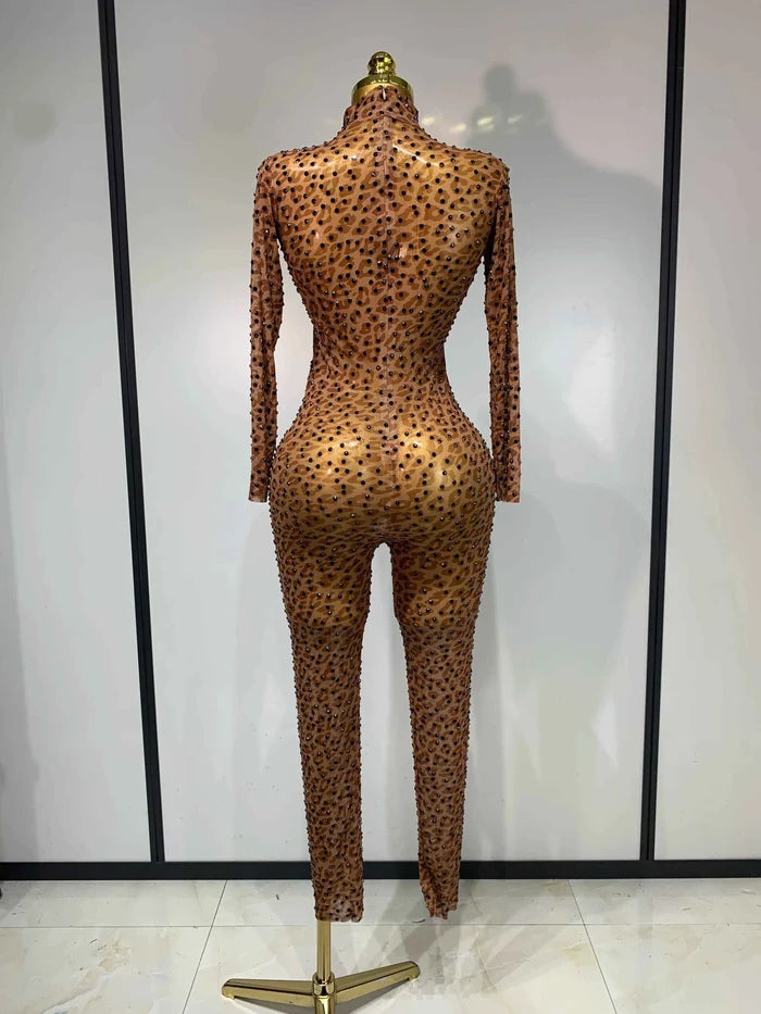 Rynlee Black Crystal Women Sexy Long Sleeve Leopard Mesh Sheer Bodycon Jumpsuit