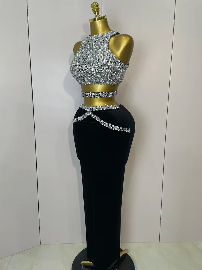 sparkly rhinestone velvet two-piece set with crop top and skirt, perfect for birthdays, nightclub, stage, and elegant parties.