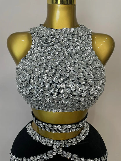 sparkly rhinestone velvet two-piece set with crop top and skirt, perfect for birthdays, nightclub, stage, and elegant parties.