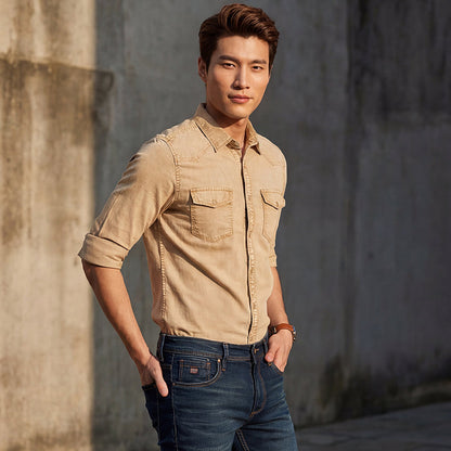 Short sleeves Slim Fit Khaki Heavy Washed Double Pocket Solid Shirt