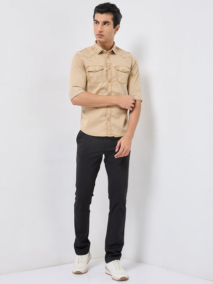 Short sleeves Slim Fit Khaki Heavy Washed Double Pocket Solid Shirt