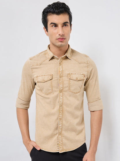 Short sleeves Slim Fit Khaki Heavy Washed Double Pocket Solid Shirt