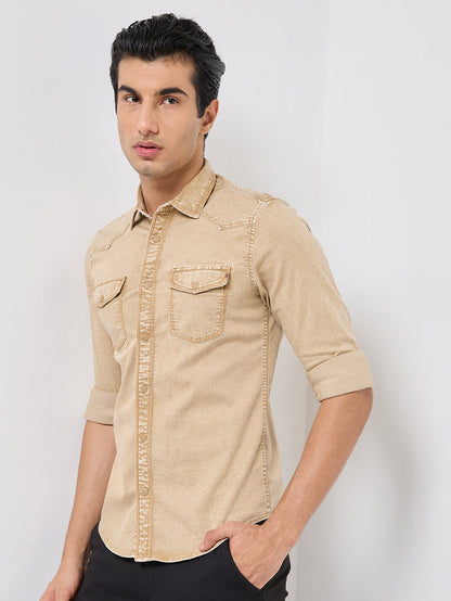 Short sleeves Slim Fit Khaki Heavy Washed Double Pocket Solid Shirt