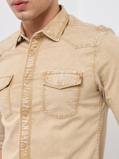 Short sleeves Slim Fit Khaki Heavy Washed Double Pocket Solid Shirt