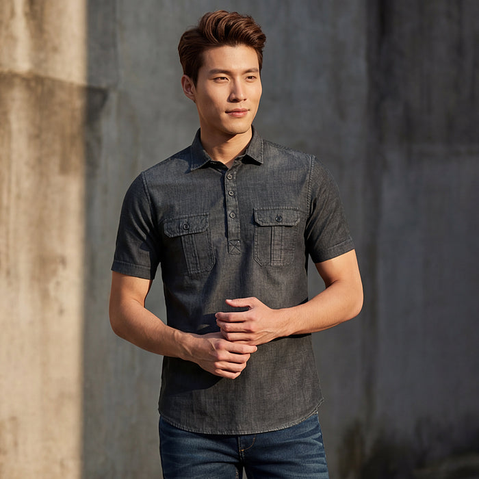 Short sleeves Slim Fit  Mid Black Washed kurta Placket Indigo Solid Shirt