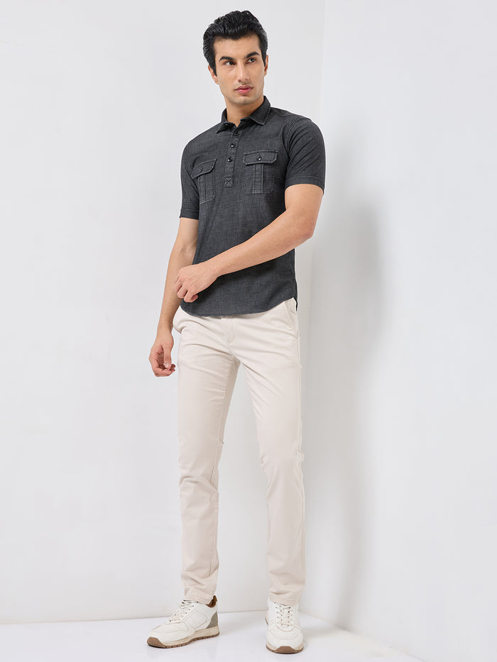 Short sleeves Slim Fit  Mid Black Washed kurta Placket Indigo Solid Shirt