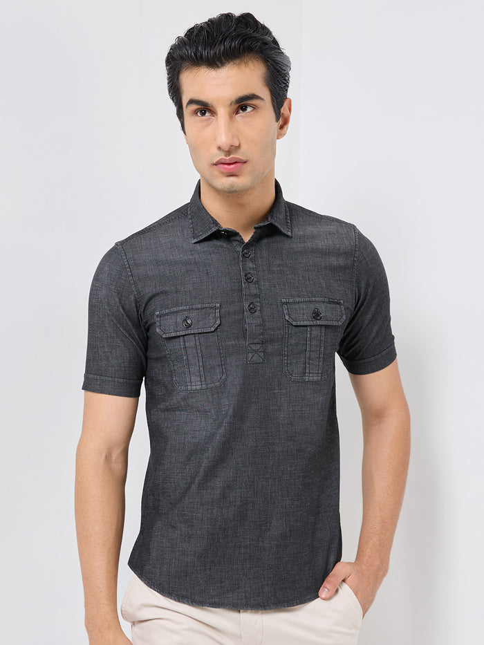 Short sleeves Slim Fit  Mid Black Washed kurta Placket Indigo Solid Shirt