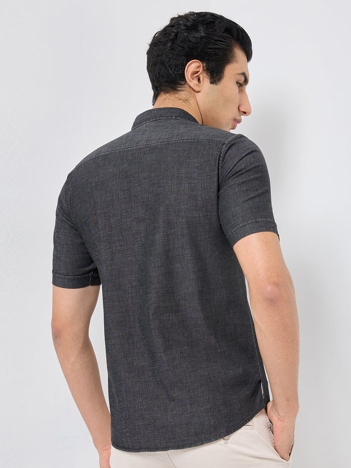 Short sleeves Slim Fit  Mid Black Washed kurta Placket Indigo Solid Shirt