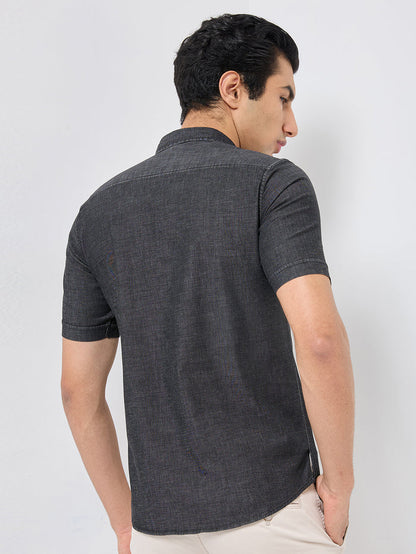 Short sleeves Slim Fit  Mid Black Washed kurta Placket Indigo Solid Shirt