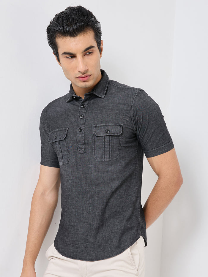 Short sleeves Slim Fit  Mid Black Washed kurta Placket Indigo Solid Shirt