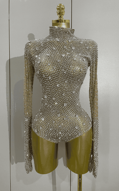 Sienna rhinestone long sleeve bodysuit set with gloves for women. Sexy luxury outfit for birthdays, nightclub, and stage performances.