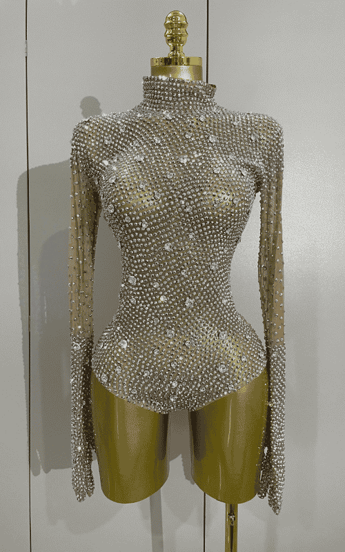 Sienna rhinestone long sleeve bodysuit set with gloves for women. Sexy luxury outfit for birthdays, nightclub, and stage performances.