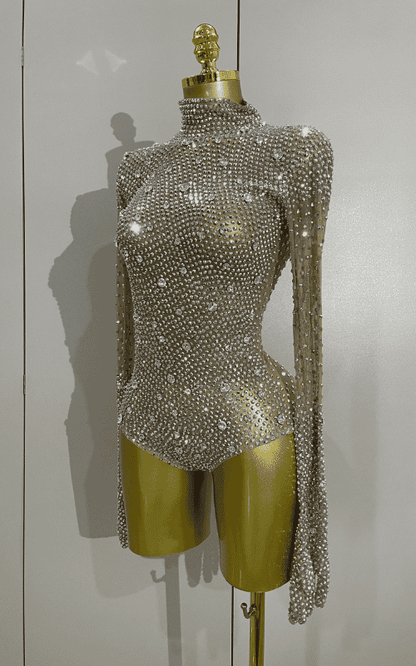 Sienna rhinestone long sleeve bodysuit set with gloves for women. Sexy luxury outfit for birthdays, nightclub, and stage performances.