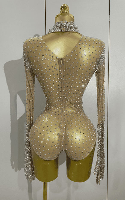 Sienna rhinestone long sleeve bodysuit set with gloves for women. Sexy luxury outfit for birthdays, nightclub, and stage performances.