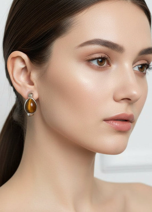 Private Label EARRINGS 74# Silver (Real Gold Plating) Copper Tiger Eye Teardrop Earrings
