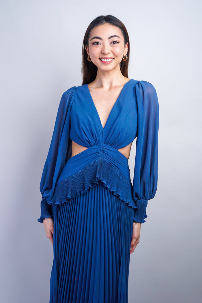 Private Label GOWNS Slate Blue Low V Pleated Gown