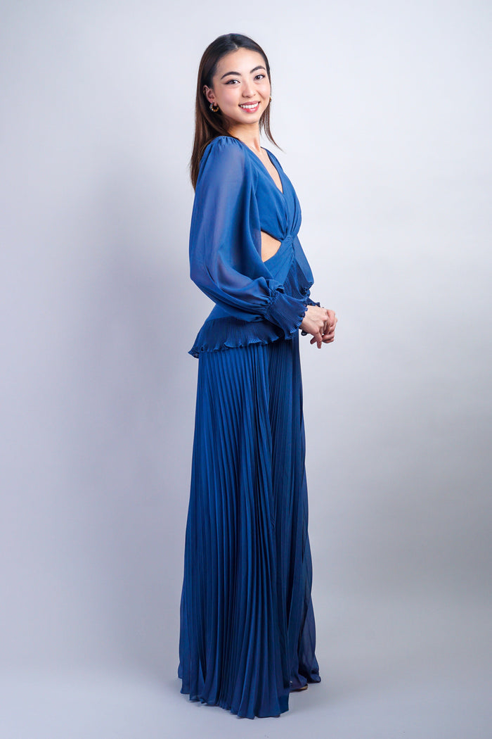 Private Label GOWNS Slate Blue Low V Pleated Gown