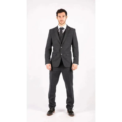 Men's navy blue wool tweed suit with blazer, waistcoat, and trousers, featuring a classic fit and textured fabric.