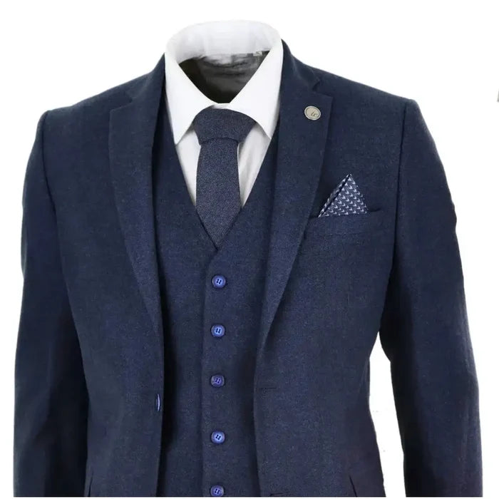 Navy blue men's wool tweed suit with tailored blazer, matching waistcoat with contrasting trim, white dress shirt, and textured tie, featuring a pocket square for a vintage 1920s look - SKU: stz21_suit_navy_36