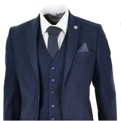 Navy blue men's wool tweed suit with tailored blazer, matching waistcoat with contrasting trim, white dress shirt, and textured tie, featuring a pocket square for a vintage 1920s look - SKU: stz21_suit_navy_36