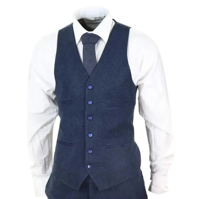 Navy blue men's wool tweed 3-piece suit with tailored fit, includes blazer, waistcoat, and trousers, styled for vintage 1920s look