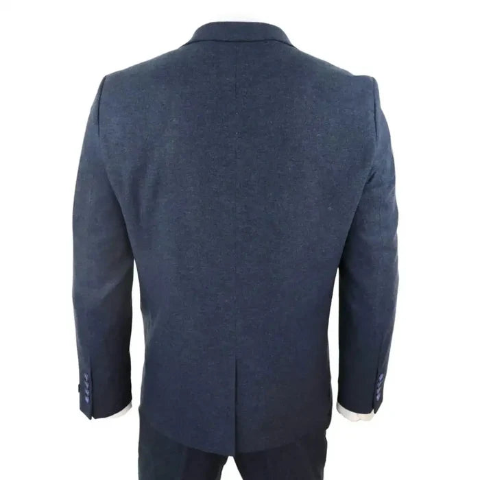 Back view of navy blue men's wool tweed suit jacket with structured shoulders and classic fit, suitable for vintage-inspired style