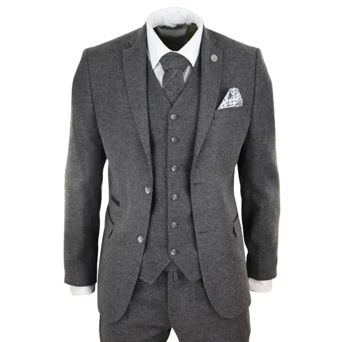 Men's grey wool tweed suit 3-piece set including blazer, waistcoat, and trousers, tailored fit with contrasting trim, ideal for vintage style.