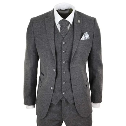 Men's grey wool tweed suit 3-piece set including blazer, waistcoat, and trousers, tailored fit with contrasting trim, ideal for vintage style.