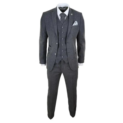 Men's dark grey wool tweed three-piece suit featuring a tailored blazer, waistcoat, and trousers, with a white shirt, patterned tie, and pocket square for vintage 1920s style - SKU: stz23_suit_grey_36