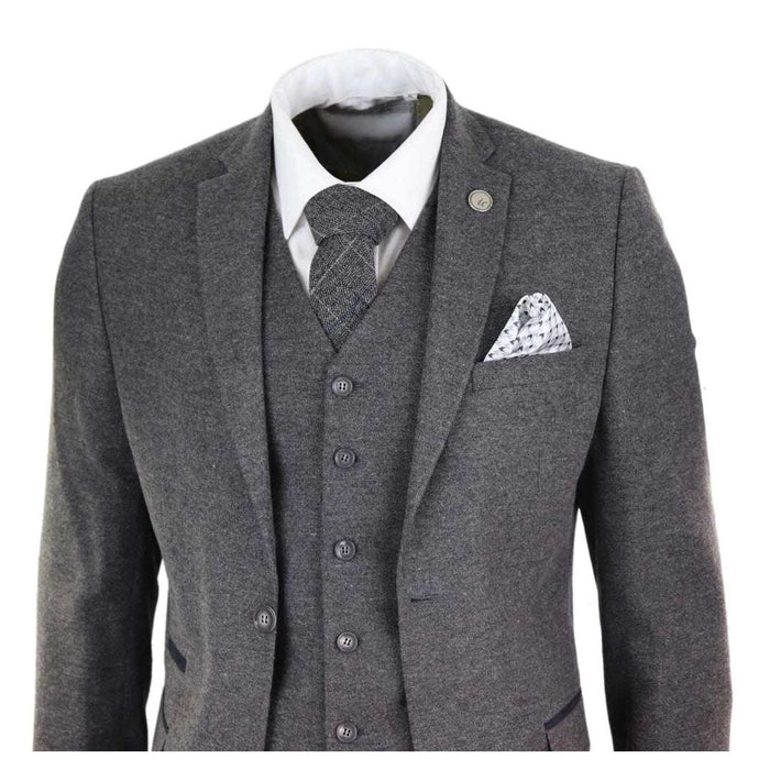 Men's grey wool tweed suit with tailored fit, includes blazer, waistcoat, and trousers, styled with a white shirt, patterned tie, and pocket square for vintage 1920s look - SKU: stz23_suit_grey_36