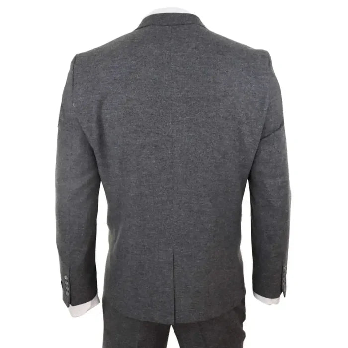 Back view of men's grey wool tweed suit jacket with structured shoulders and tailored fit, perfect for vintage 1920s-inspired formal wear
