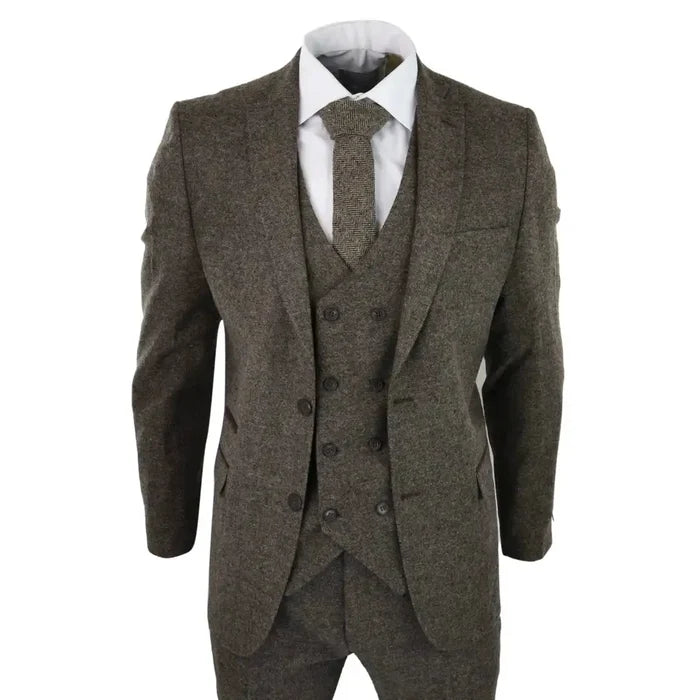 Men's brown wool tweed 3-piece suit with double-breasted blazer, waistcoat, and trousers, featuring contrasting trim, tailored fit.