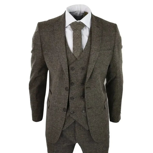 Men's brown wool tweed 3-piece suit with double-breasted blazer, waistcoat, and trousers, featuring contrasting trim, tailored fit.