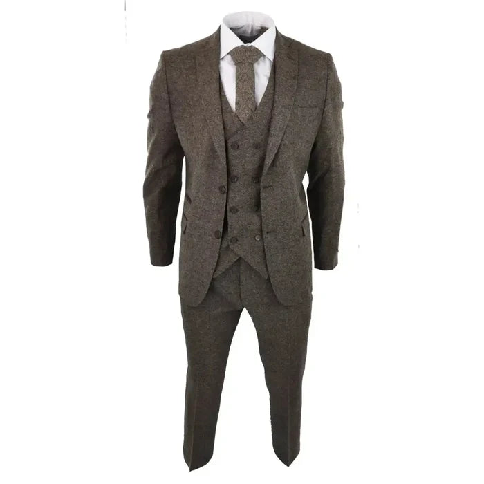 Men's brown tweed 3-piece suit with matching blazer, waistcoat, and trousers, classic vintage style, tailored fit, formal wear.
