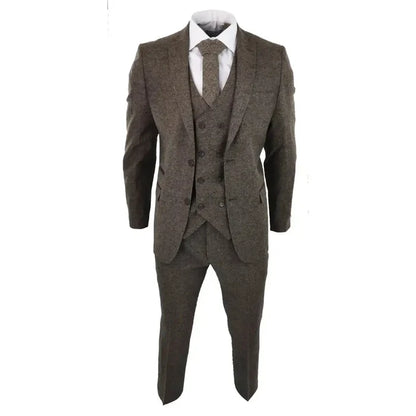 Men's brown tweed 3-piece suit with matching blazer, waistcoat, and trousers, classic vintage style, tailored fit, formal wear.