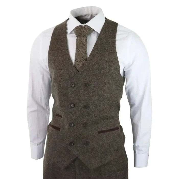 Men's wool tweed vest with double-breasted design, matching white shirt and patterned tie, vintage 1920s style, tailored fit.