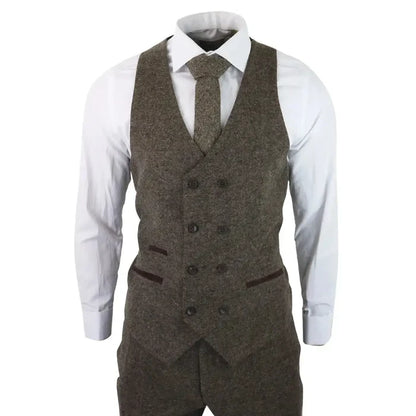 Back view of men's brown tweed 3-piece suit with tailored fit, structured shoulders, and classic vintage style, formal attire.