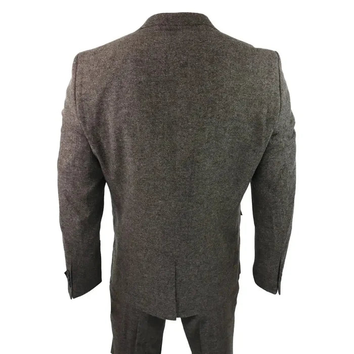 Back view of men's wool tweed 3-piece suit in brown with double-breasted blazer, waistcoat, and trousers, tailored for vintage 1920s style.