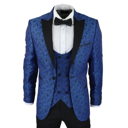 Men's blue paisley tuxedo blazer with black satin peak lapels, matching waistcoat, and white dress shirt with black bow tie, formal evening wear