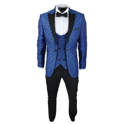 Close-up of men's blue paisley tuxedo blazer with black satin lapels, matching waistcoat, and white dress shirt with black bow tie, elegant formal suit