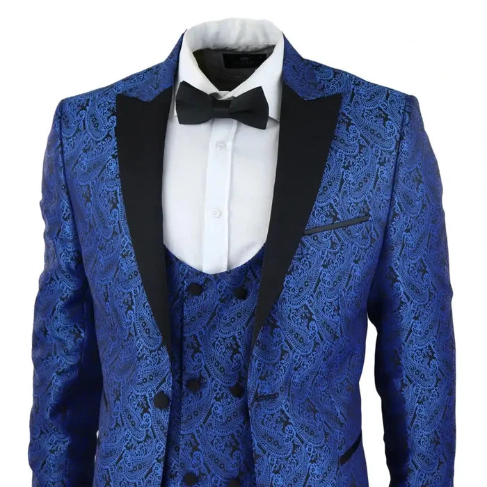 Front view of men's blue paisley tuxedo blazer with matching waistcoat, white shirt, and black bow tie, perfect for black-tie events