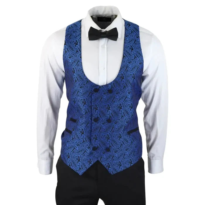 Men's formal tuxedo vest with intricate blue paisley pattern, black buttons, paired with a white dress shirt, black bow tie, and black trousers for elegant occasions.