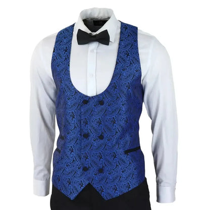 Men's blue paisley tuxedo vest with black satin lapels, matching buttons, and a white dress shirt with a black bow tie, front view