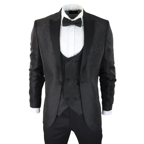 Men's black paisley tuxedo blazer with satin peak lapels, matching waistcoat, white dress shirt, and black bow tie, formal evening wear