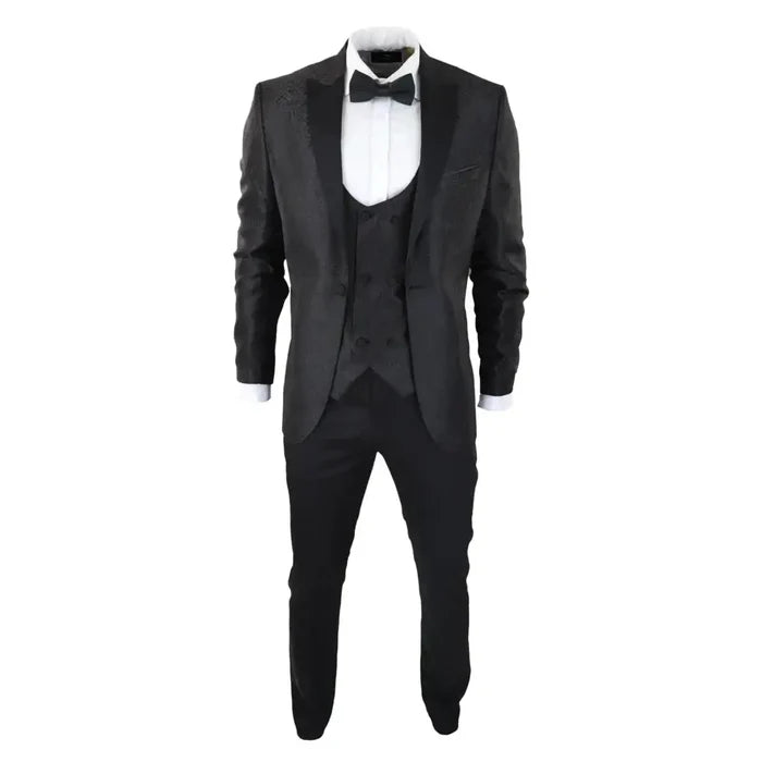 Close-up of black paisley tuxedo blazer with satin lapels, matching waistcoat, and white dress shirt, elegant men's formal attire