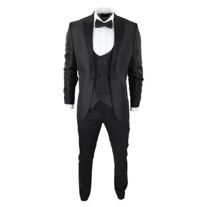 Close-up of black paisley tuxedo blazer with satin lapels, matching waistcoat, and white dress shirt, elegant men's formal attire