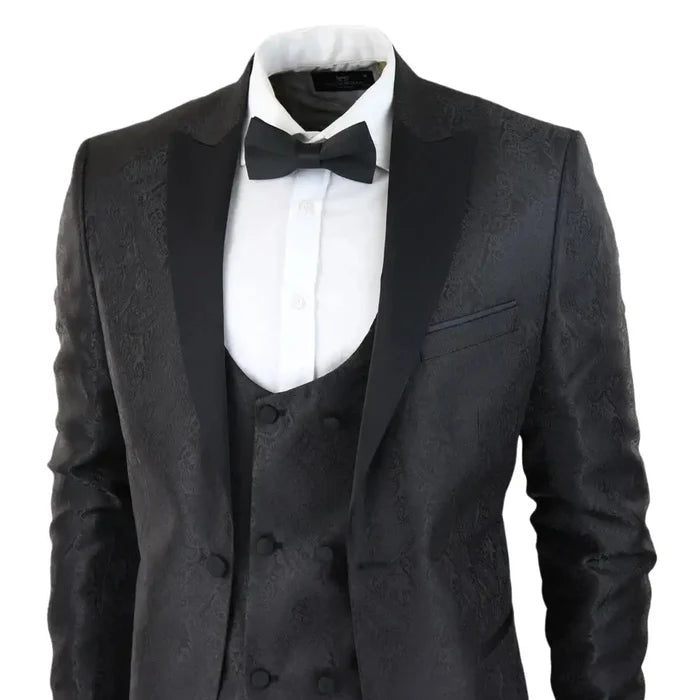 Men's black paisley tuxedo set with satin lapels, waistcoat, white shirt, and black bow tie, perfect for weddings and black-tie events
