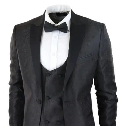 Men's black paisley tuxedo set with satin lapels, waistcoat, white shirt, and black bow tie, perfect for weddings and black-tie events