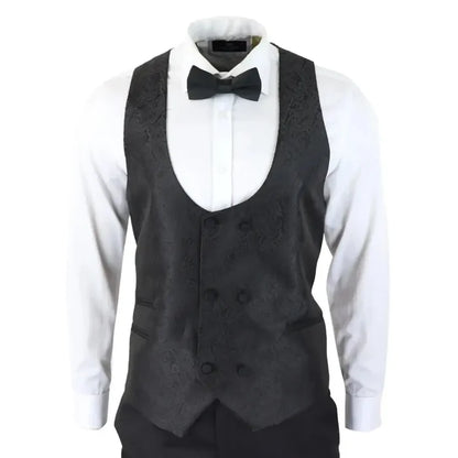 Men's black paisley tuxedo vest with matching buttons, worn over a white dress shirt with a black bow tie, suitable for formal events