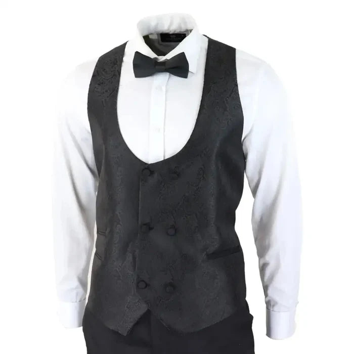Men's black paisley tuxedo blazer and waistcoat set with satin lapels, long white dress shirt, black bow tie, formal occasion attire